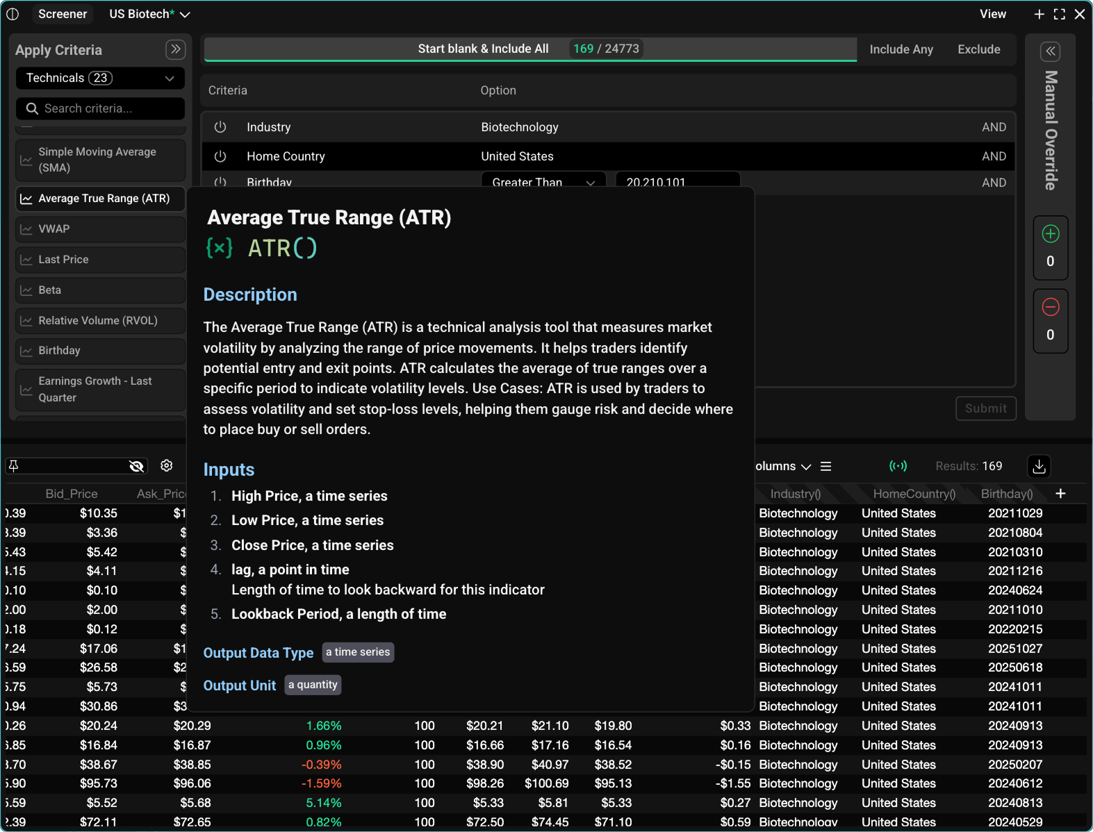 AlphaLens Screener showing filter criteria and real-time results table